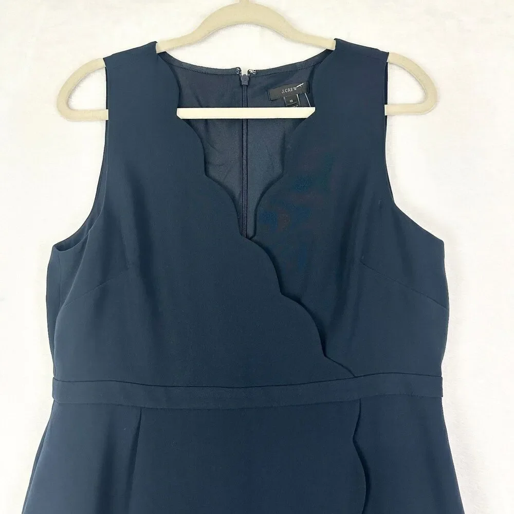 J Crew Scallop Crepe Sheath Dress Size 12 NEW Navy Blue Career Surplice